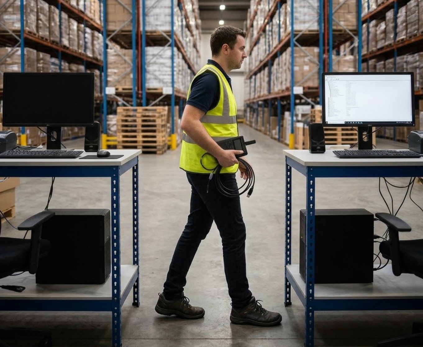 A technician swaps a scanner cable between USB ports on a mini PC at the warehouse control desk while watching the device manager A technician swaps a scanner cable between USB ports on a mini PC at the warehouse control desk while watching the device manager