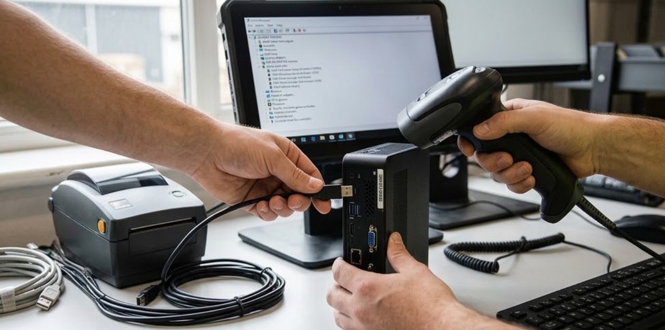 A warehouse control desk with three mini PC hosts, triple monitors and label printing equipment arranged for triage A warehouse control desk with three mini PC hosts, triple monitors and label printing equipment arranged for triage