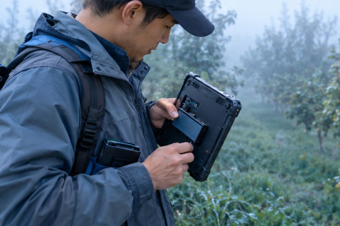 Scout swapping the removable battery of the HTNJ08C rugged tablet on a misty cold orchard morning