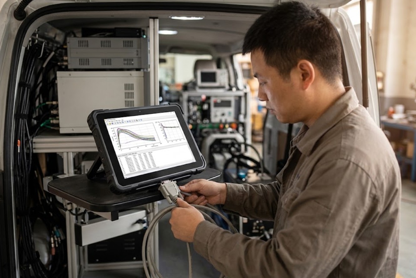 Technician linking the HTYJ10A rugged tablet to the falling weight deflectometer cabinet inside the test van Technician linking the HTYJ10A rugged tablet to the falling weight deflectometer cabinet inside the test van