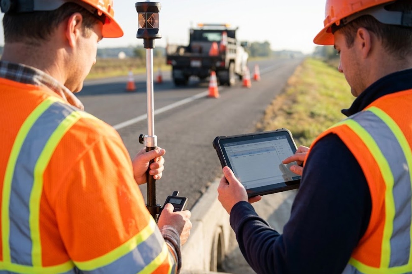 Surveyor recording a highway drainage point on the RT80 rugged tablet beside a RTK pole and work zone cones Surveyor recording a highway drainage point on the RT80 rugged tablet beside a RTK pole and work zone cones