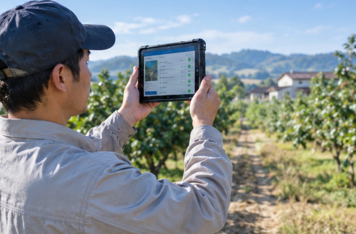 Scout holding up the RT81 rugged tablet to check upload status at the end of an orchard row