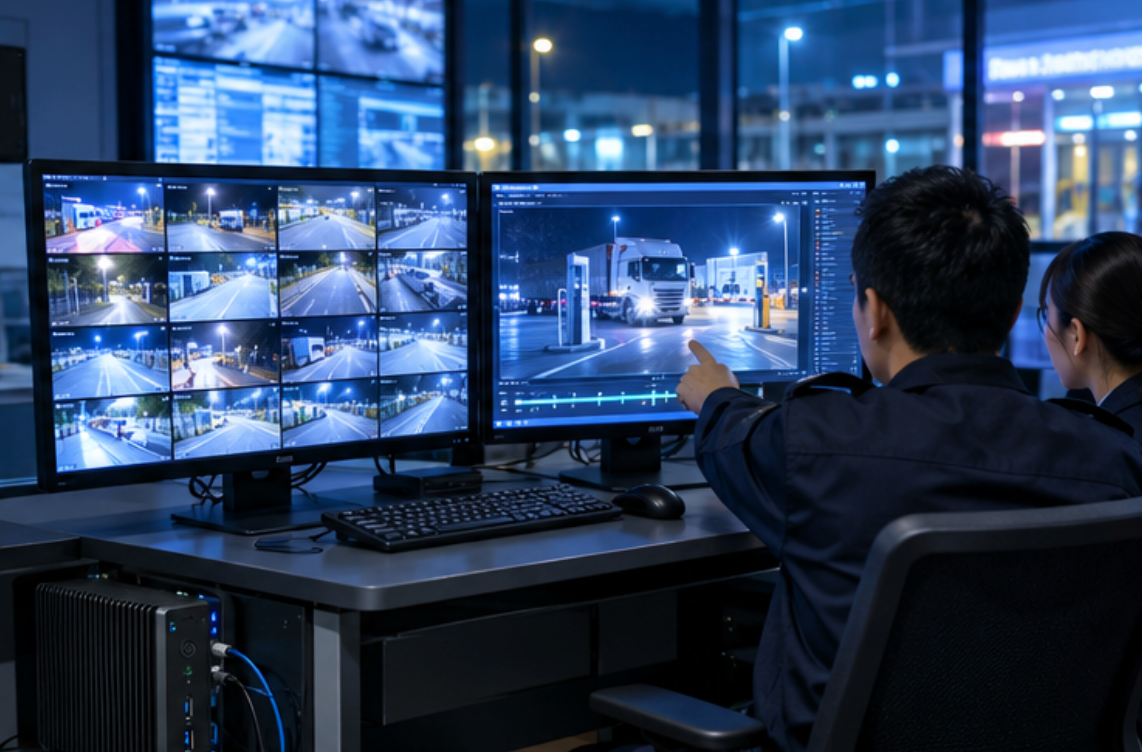 hcar5000-mi-logistics_park_access_control-camera-wall operator pointing at truck footage replayed on a monitor beside a camera wall in a park control room