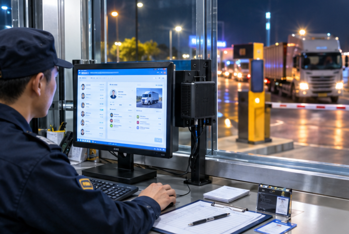 palm-sized-minipc-logistics_park_access_control-gatehouse night-shift guard checking a visitor list on a compact mini PC at a logistics park gatehouse window