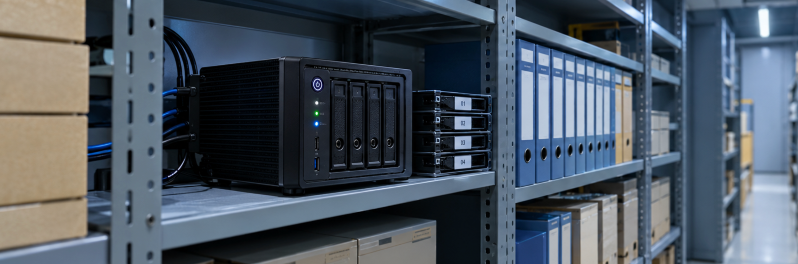 wtr-pro-amd-logistics_park_access_control-record-room four-bay mini PC with drive trays stored on a metal shelf in a record room