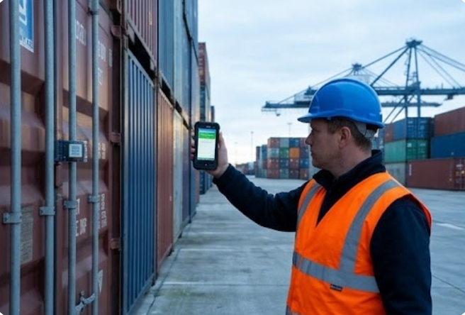 Yard checker using the R530C UHF RFID PDA to read an electronic container seal without touching the box