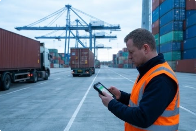 Lane walker confirming printed container numbers on the RS51 handheld terminal during the truck walk