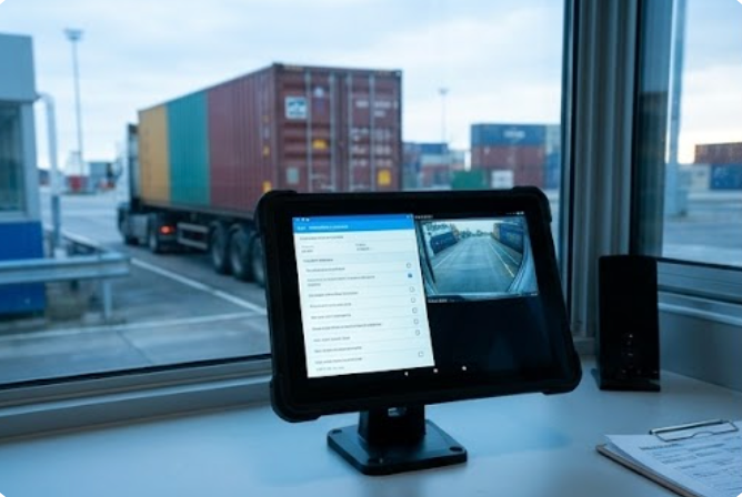 RT82 rugged tablet at the container terminal gate desk showing the check form beside the gate camera feed