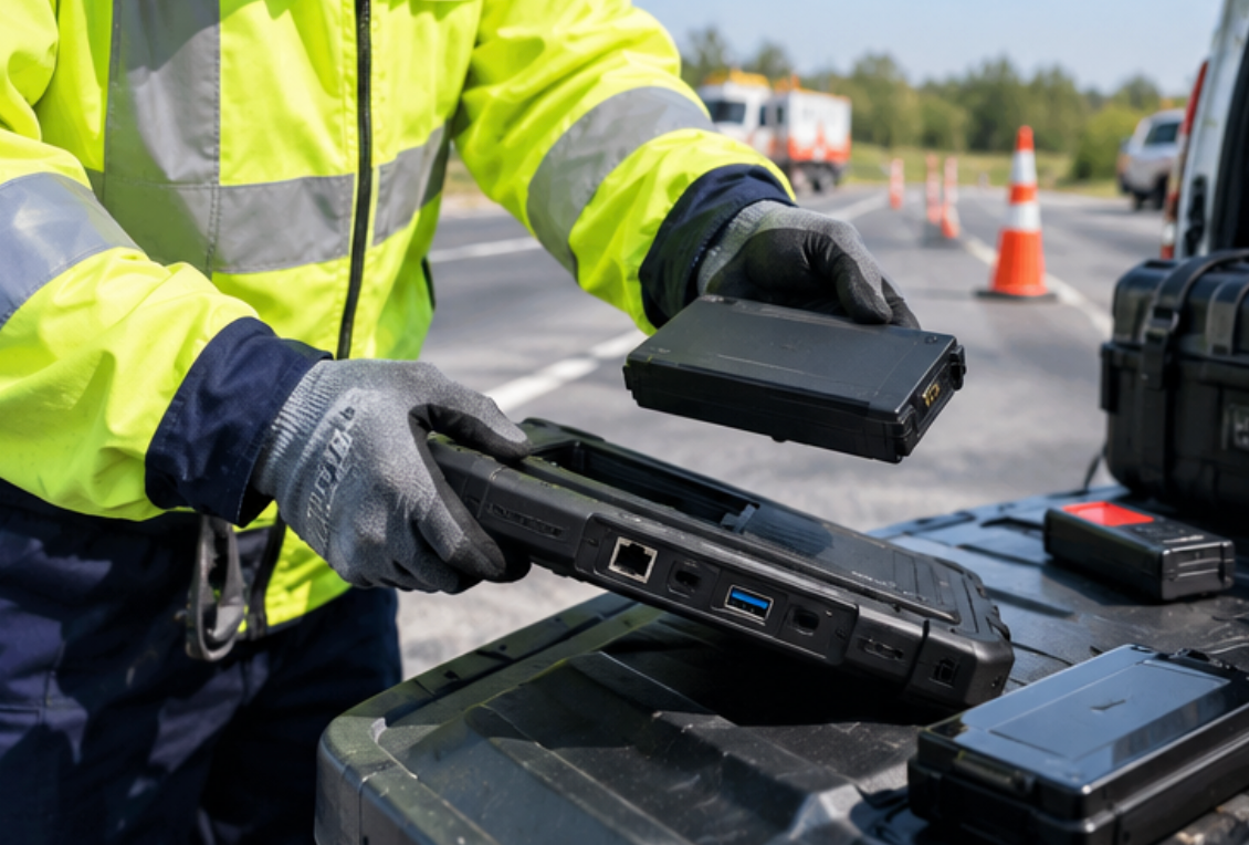 Technician swapping the detachable battery of the HTYJ08A rugged tablet at the roadside workbench Technician swapping the detachable battery of the HTYJ08A rugged tablet at the roadside workbench