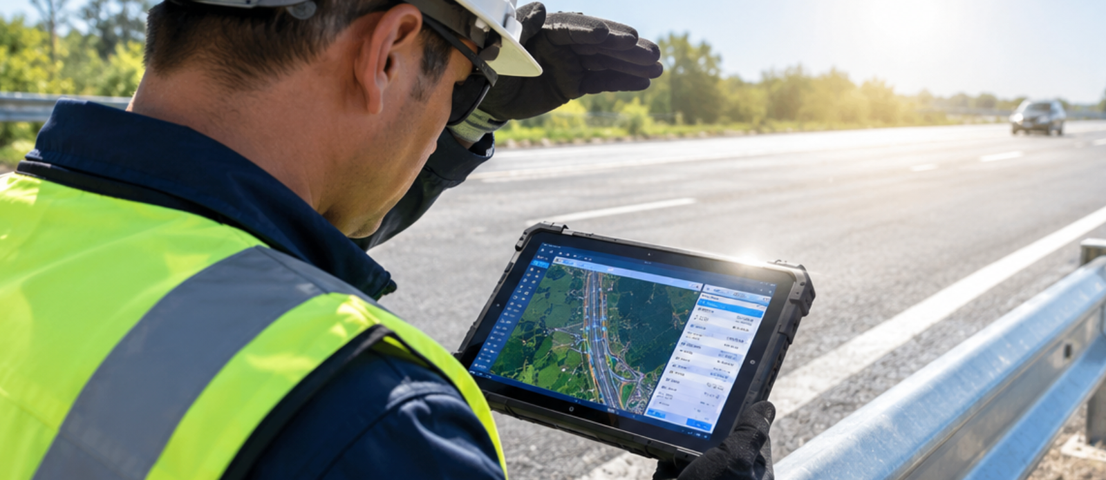 ST11-J 10.1-inch rugged tablet held up against midday glare on a highway shoulder with the survey form still readable ST11-J 10.1-inch rugged tablet held up against midday glare on a highway shoulder with the survey form still readable
