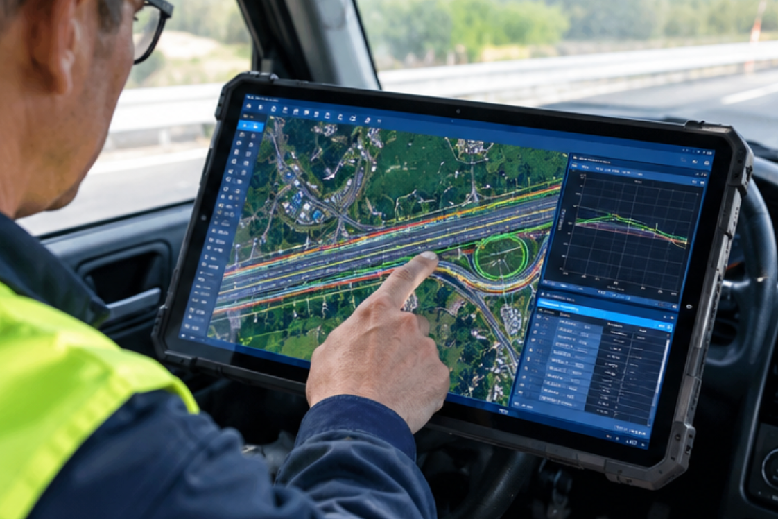 ST13-U 13.3-inch rugged tablet reviewing a wide highway plan drawing inside the survey vehicle cab ST13-U 13.3-inch rugged tablet reviewing a wide highway plan drawing inside the survey vehicle cab